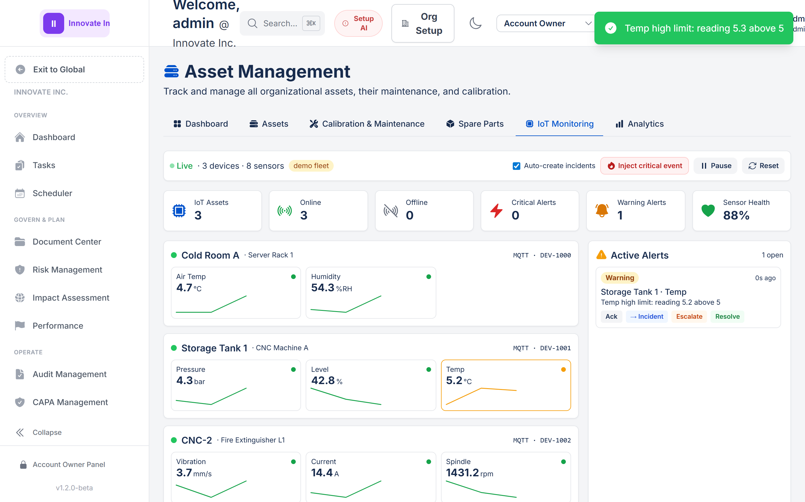 Asset lifecycle management with live IoT monitoring in ISOXPERT Compliance360