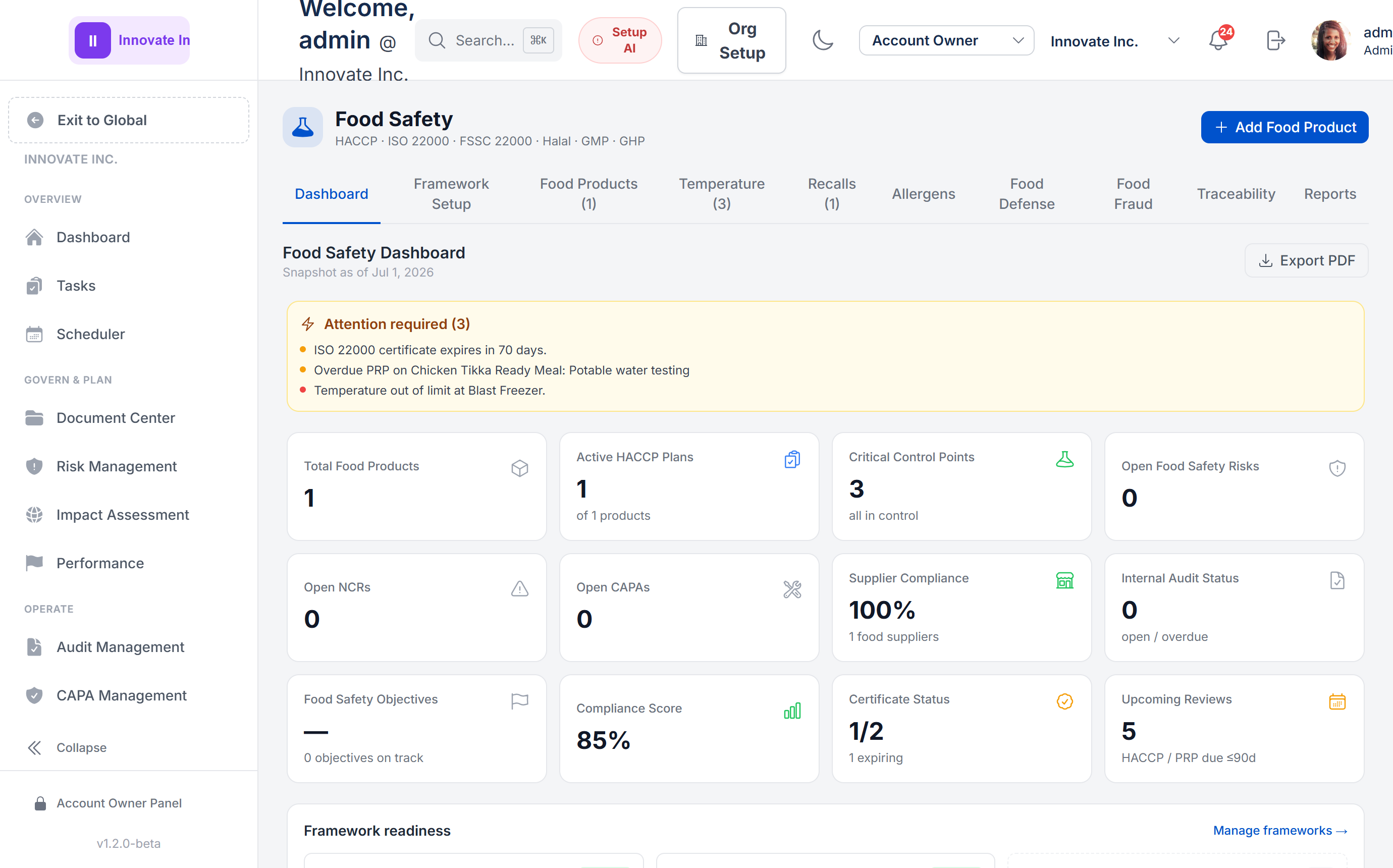 Food safety management system dashboard (HACCP, ISO 22000) in ISOXPERT Compliance360