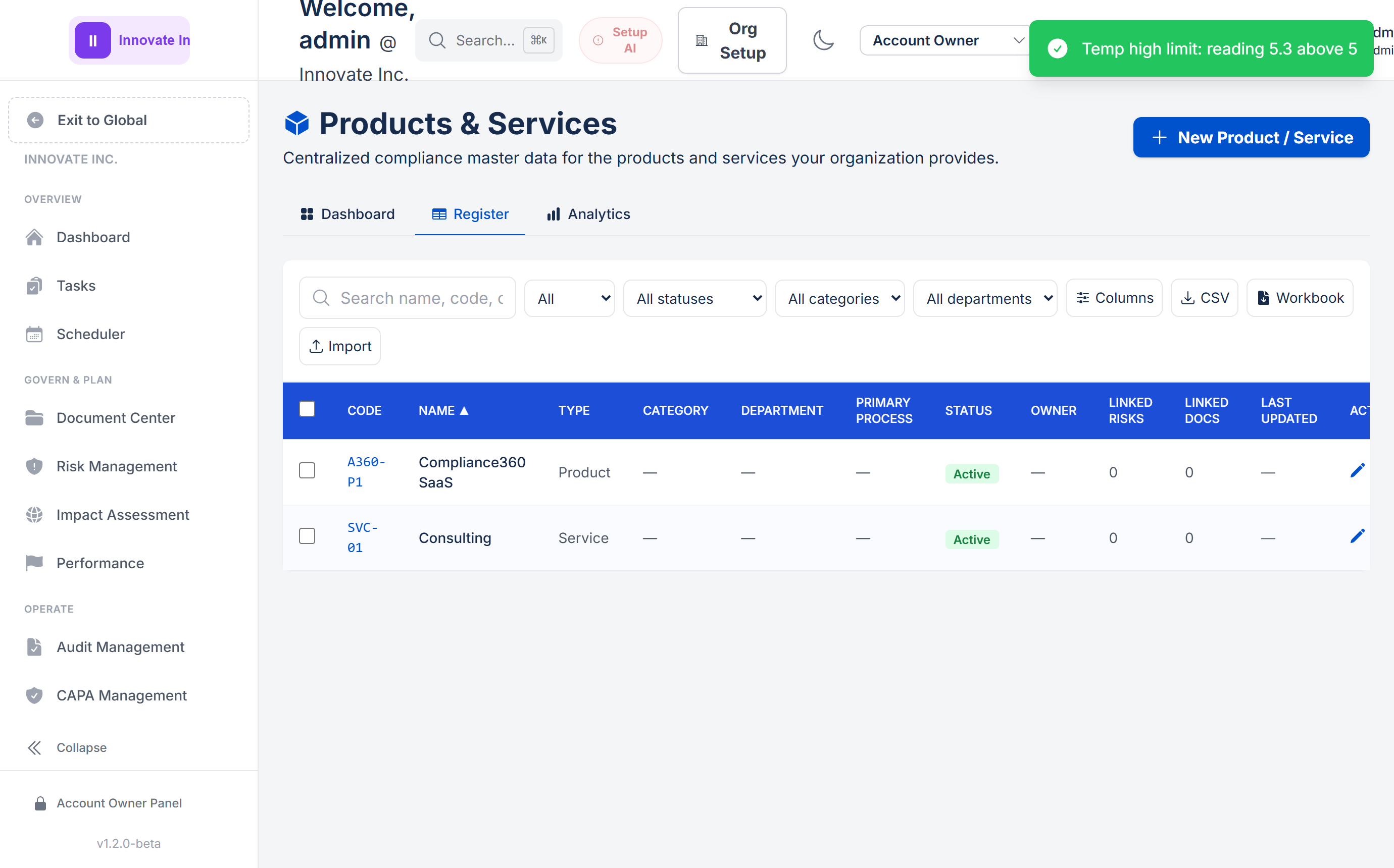 Products and services compliance register in ISOXPERT Compliance360